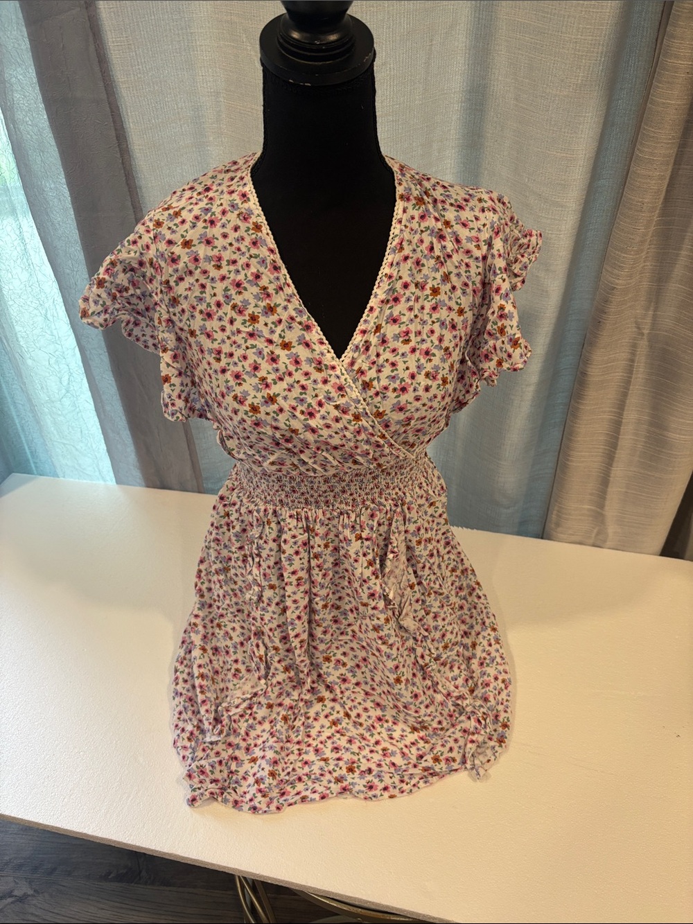 Sincerely Jules White Floral Wrap Mini Dress with Pink & Green Accents
